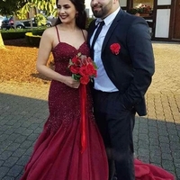 Sexy Mermaid Spaghetti Straps Beads Lace Burgundy Mermaid Prom Dress - Thumbnail 2