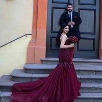 Sexy Mermaid Spaghetti Straps Beads Lace Burgundy Mermaid Prom Dress - Thumbnail 3
