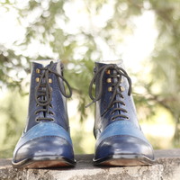 Bespoke Blue Cap Toe Ankle Leather Lace Up Men's Boot - Thumbnail 3