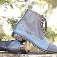 Bespoke Blue Cap Toe Ankle Leather Lace Up Men's Boot - Thumbnail 4