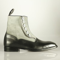 Bespoke Black & White Brogue Toe Ankle Leather Suede Button Top Lace Up Men's Boot - Thumbnail 2