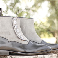 Bespoke Black & White Brogue Toe Ankle Leather Suede Button Top Lace Up Men's Boot - Thumbnail 3