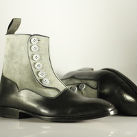 Bespoke Black & White Brogue Toe Ankle Leather Suede Button Top Lace Up Men's Boot - Thumbnail 1