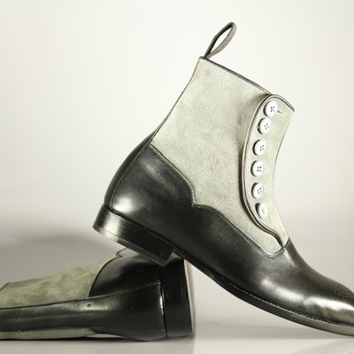 Bespoke black & white brogue toe ankle leather suede button top lace up men's boot - Thumbnail 3