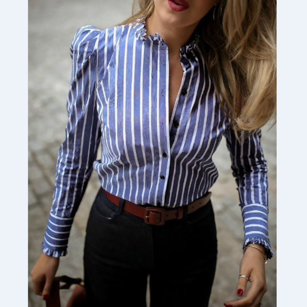 Long Sleeve Blue Striped Slim Puff Sleeve Shirt