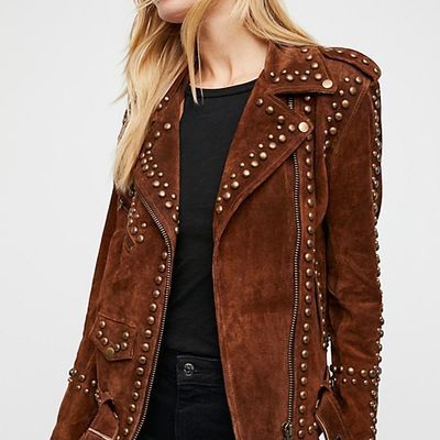 Woman handmade brown american western were golden studded suede leather jacket