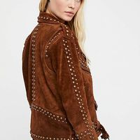 Woman Handmade Brown American Western Were Golden Studded Suede Leather Jacket - Thumbnail 2