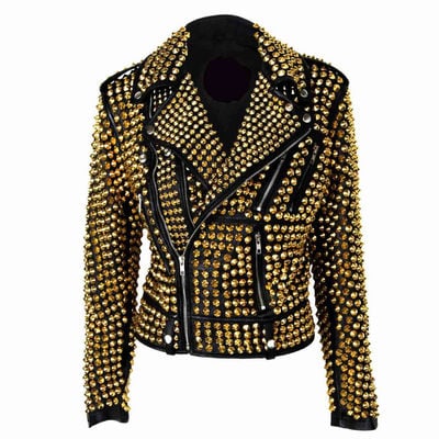 Woman luxury black punk golden studded cowhide brando leather jacket