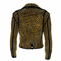 Woman Luxury Black Punk Golden Studded Cowhide Brando Leather Jacket - Thumbnail 1