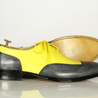 Men's Handmade Shoes, Yellow & Black Square Toe Leather Dress Shoes - Thumbnail 2