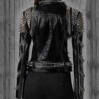 Black Studded Leather jacket for women, spiked leather jacket Stylish jacket,new designer jacket - Thumbnail 2