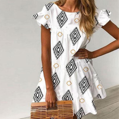 Casual Round Neck Print Women'S Lotus Leaf Sleeve Dress