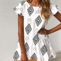 Casual Round Neck Print Women'S Lotus Leaf Sleeve Dress - Thumbnail 1