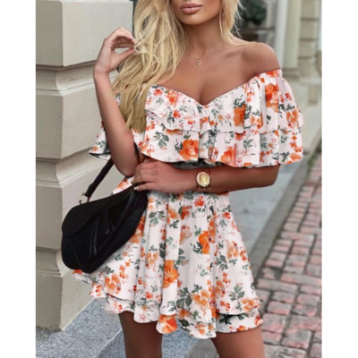 Slim v-neck printed off-the-shoulder ruffled fashion dress - Thumbnail 3