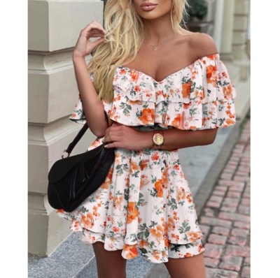 Slim V-Neck Printed Off-The-Shoulder Ruffled Fashion Dress