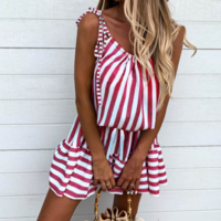 Striped Pleated Casual Dress - Thumbnail 1
