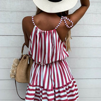 Striped Pleated Casual Dress - Thumbnail 2