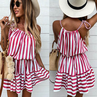 Striped Pleated Casual Dress - Thumbnail 5