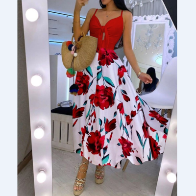 Floral Print Knotted Front Cutout Button Maxi Dress