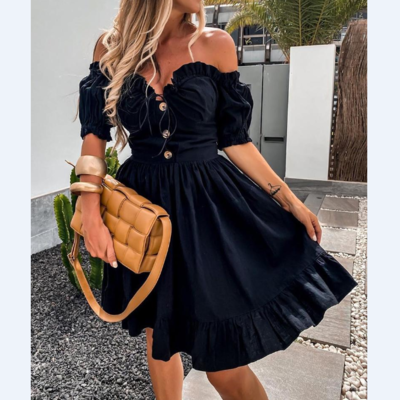 Off shoulder sweetheart neck button design frill hem dress - Thumbnail 4