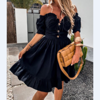 Off Shoulder Sweetheart Neck Button Design Frill Hem Dress - Thumbnail 1