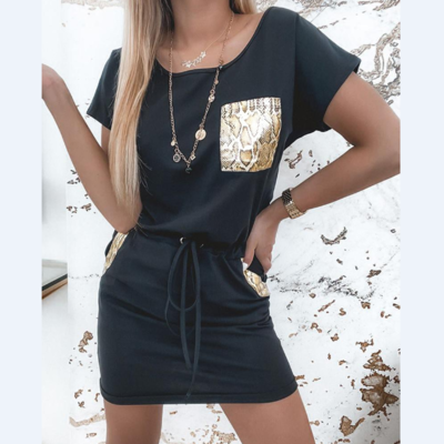 Snakeskin patchwork drawstring casual dress - Thumbnail 4