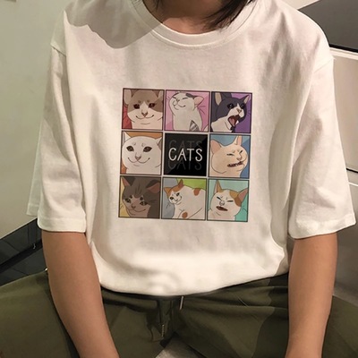 Cute Cat Kitten Animal Cartoon Funny Short Sleeve Shirt Tee T-shirt E-Girl Kawaii Korean Japanese Harajuku Chinese Retro Streetwear Aesthetic
