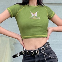 Cute Butterfly Graphic Letter Green Crop Top Short Sleeve Shirt Tee T-shirt E-Girl Kawaii Korean Japanese Harajuku Chinese Retro Streetwear Aesthetic - Thumbnail 1