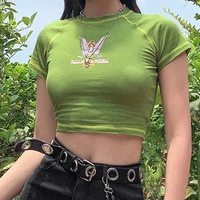 Cute Butterfly Graphic Letter Green Crop Top Short Sleeve Shirt Tee T-shirt E-Girl Kawaii Korean Japanese Harajuku Chinese Retro Streetwear Aesthetic - Thumbnail 2