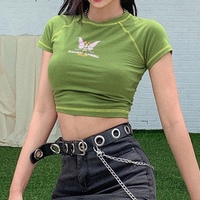 Cute Butterfly Graphic Letter Green Crop Top Short Sleeve Shirt Tee T-shirt E-Girl Kawaii Korean Japanese Harajuku Chinese Retro Streetwear Aesthetic - Thumbnail 4