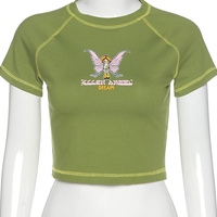 Cute Butterfly Graphic Letter Green Crop Top Short Sleeve Shirt Tee T-shirt E-Girl Kawaii Korean Japanese Harajuku Chinese Retro Streetwear Aesthetic - Thumbnail 5