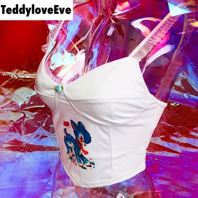 Cute Cartoon Graphic Lace Vintage Spaghetti Strap Crop Top Shirt Tee T-shirt E-Girl Kawaii Korean Japanese Harajuku Chinese Retro Streetwear Aesthetic