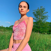 Cute Sexy Pink Patchwork Lace Leopard Party Club Crop Top Shirt Tee T-shirt E-Girl Kawaii Korean Japanese Harajuku Chinese Retro Streetwear Aesthetic - Thumbnail 1