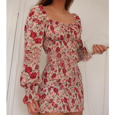 Long sleeve elegant red printed dress - Thumbnail 3