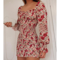 Long Sleeve Elegant Red Printed Dress - Thumbnail 2