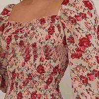 Long Sleeve Elegant Red Printed Dress - Thumbnail 1