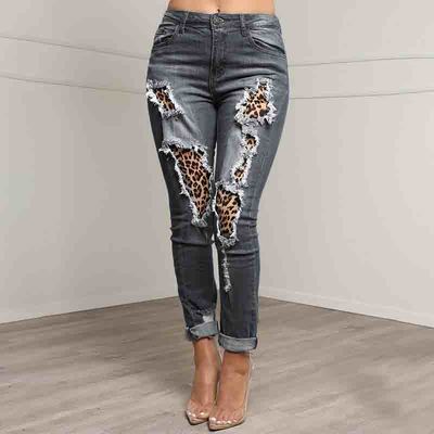 Slim Ripped Denim Splicing Leopard Print Trousers