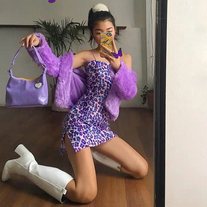 Cute Purple Leopard Spaghetti Strap Backless Mini Dress Party E-Girl Kawaii Korean Japanese Harajuku Chinese Retro Streetwear Aesthetic