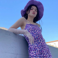 Cute Purple Leopard Spaghetti Strap Backless Mini Dress Party E-Girl Kawaii Korean Japanese Harajuku Chinese Retro Streetwear Aesthetic - Thumbnail 2