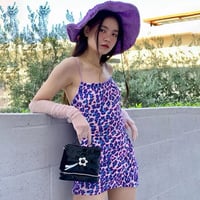 Cute Purple Leopard Spaghetti Strap Backless Mini Dress Party E-Girl Kawaii Korean Japanese Harajuku Chinese Retro Streetwear Aesthetic - Thumbnail 3