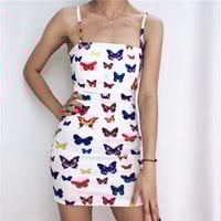 Cute Colorful Rainbow Butterfly Spaghetti Strap Bodycon Mini Dress Party E-Girl Kawaii Korean Japanese Harajuku Chinese Retro Streetwear Aesthetic - Thumbnail 2