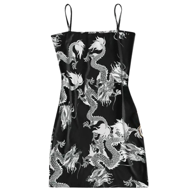 Cute Sexy Dragon Print Sleeveless Split Club Bodycon Mini Dress Party E-Girl Kawaii Korean Japanese Harajuku Chinese Retro Streetwear Aesthetic