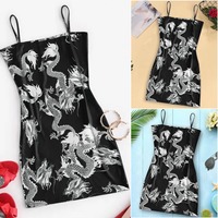Cute Sexy Dragon Print Sleeveless Split Club Bodycon Mini Dress Party E-Girl Kawaii Korean Japanese Harajuku Chinese Retro Streetwear Aesthetic - Thumbnail 1
