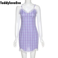 Cute Sexy Plaid Halter V Neck Lace Spaghetti Strap Bodycon Mini Dress Party E-Girl Kawaii Korean Japanese Harajuku Chinese Retro Streetwear Aesthetic - Thumbnail 4