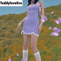 Cute Sexy Plaid Halter V Neck Lace Spaghetti Strap Bodycon Mini Dress Party E-Girl Kawaii Korean Japanese Harajuku Chinese Retro Streetwear Aesthetic - Thumbnail 2