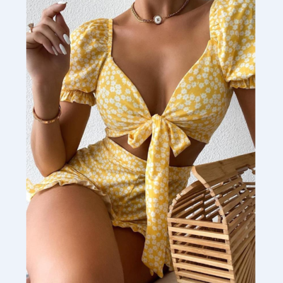 Print tie front ruffles trim top & shorts set - Thumbnail 4