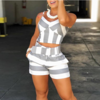 Striped Casual Sling Shorts Suit - Thumbnail 2