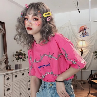 Cute Casual Vintage Punk Goth Print Crop Top Short Sleeve Shirt Tee T-shirt E-Girl Kawaii Korean Japanese Harajuku Chinese Retro Streetwear Aesthetic