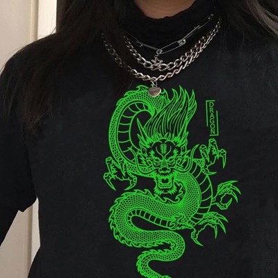 Cute Chinese Dragon Oversized Punk Goth Print Short Sleeve Shirt Tee T-shirt E-Girl Kawaii Korean Japanese Harajuku Chinese Retro Streetwear Aesthetic