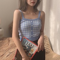 Cute Sexy Sweet Knit Plaid Checkered Botton Cami Crop Top Shirt Tee T-shirt E-Girl Kawaii Korean Japanese Harajuku Chinese Retro Streetwear Aesthetic - Thumbnail 2